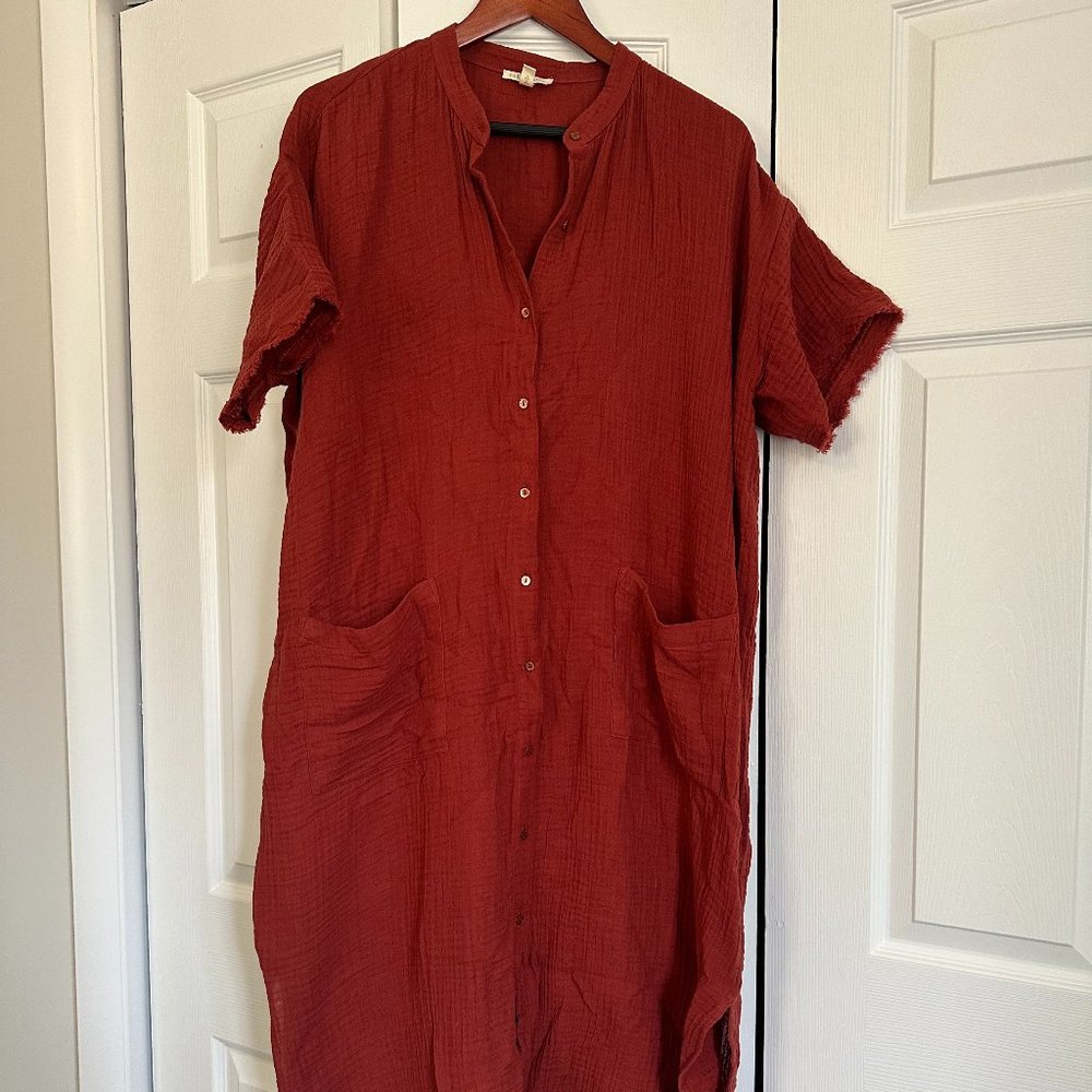 Red Linen Button Down Tunic Dress